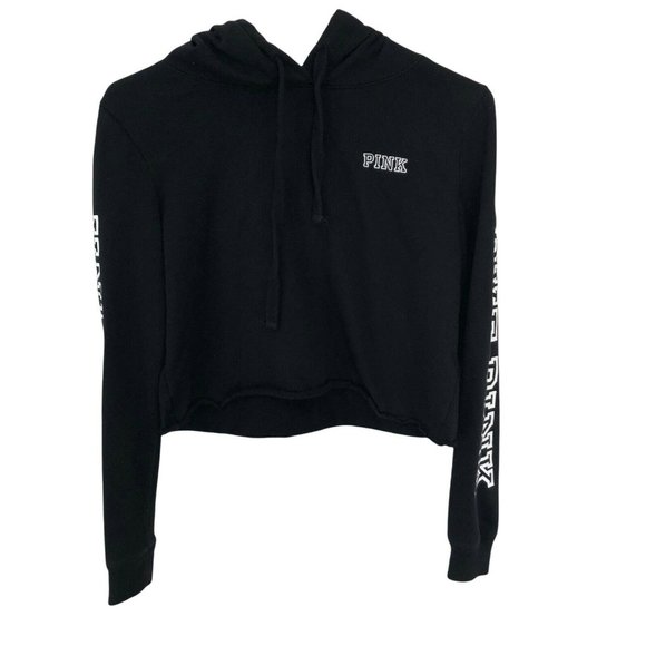Victoria's Secret Tops - PINK Victoria’s Secret Women XS Black Crop Top Hoodie Pullover Spellout Love